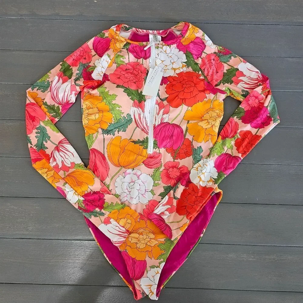 Trina Turk Women's Floral Print Long Sleeves Paddle Suit Swimsuit Size large